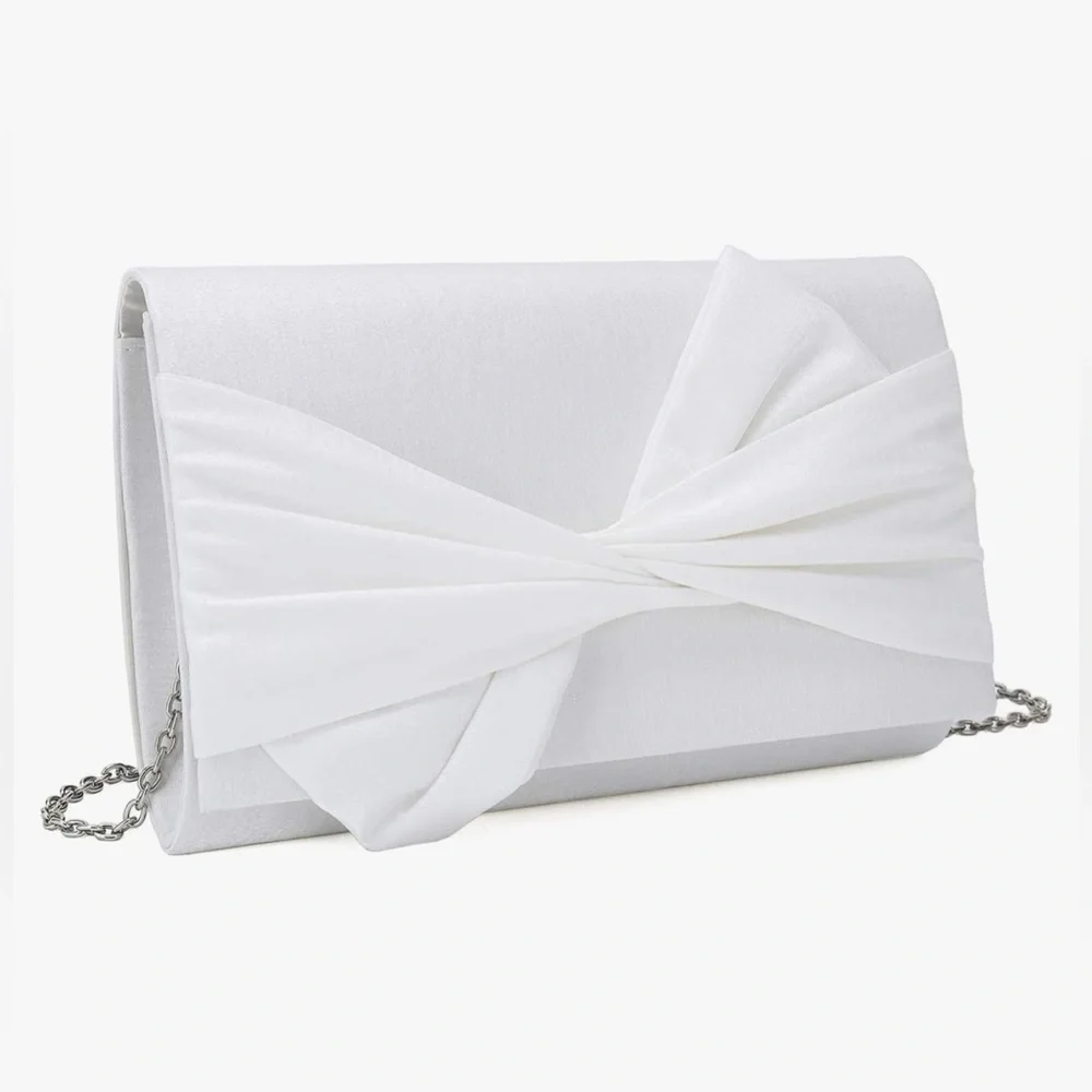 Satin Evening Bag Bow Flap Clutch Purse Crossbody Bag White Formal Bag